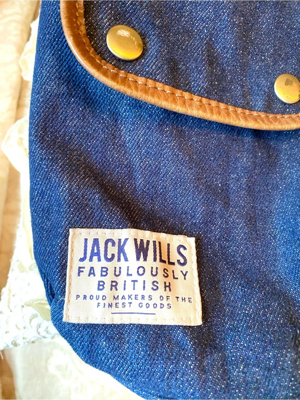 Jack Wills Blue Denim Canvas Cinch Top Backpack Leather Trim